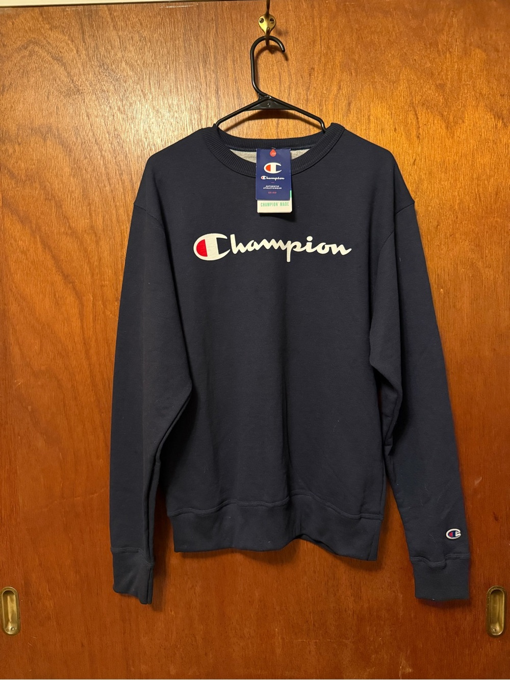 Champion Navy Script Logo Crewneck Sweatshirt with Red Accent